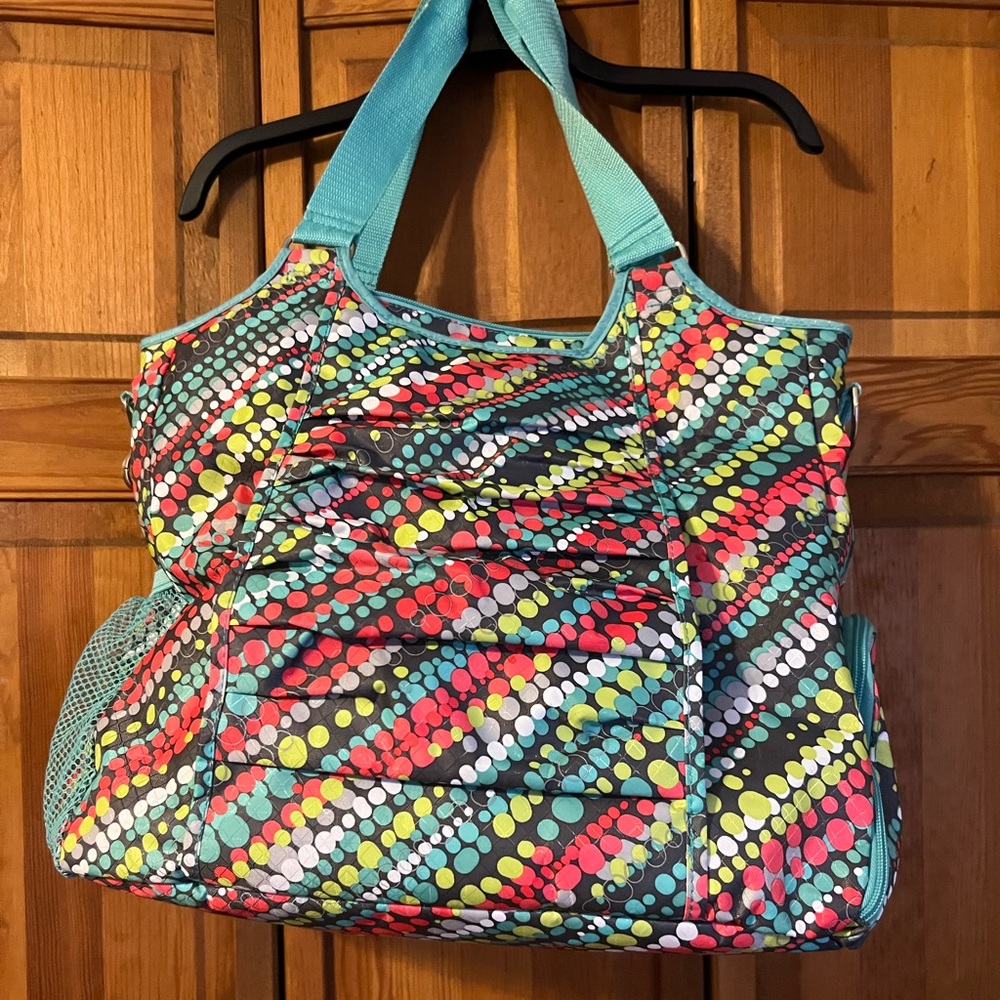thirty-one duffel bag tote with peach, white, teal, lime green, grey dots